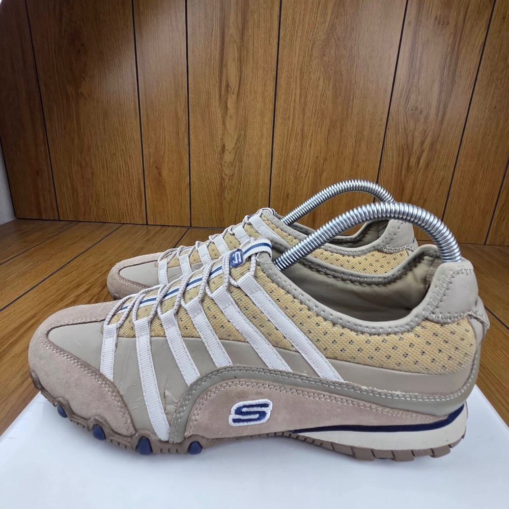 Skechers Bikers Tan Navy Bungee Slip On Sneakers Womens 9 Leather Textile 21552